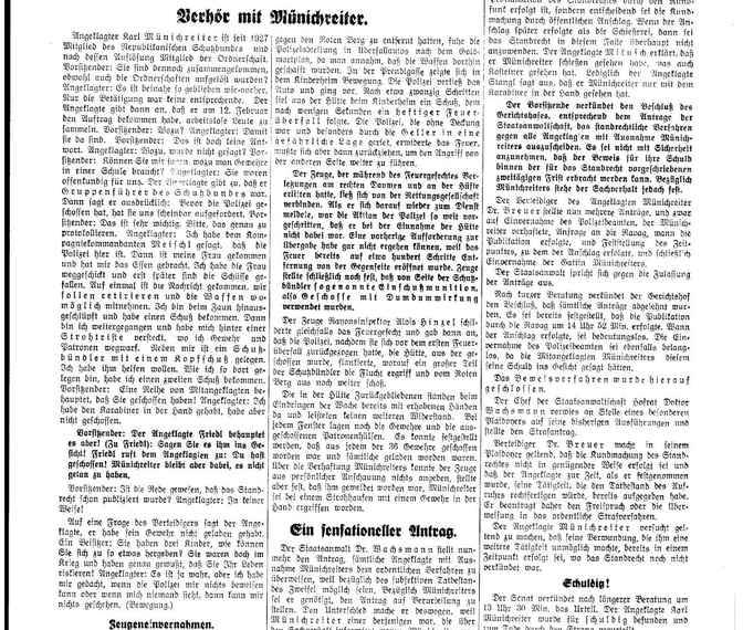 Das Verhör mit Münichreiter in der Wiener Zeitung vom 15. Februar 1934.