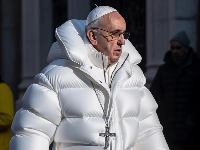 Ein KI-generiertes Bild von Papst Franziskus in einer weißen Daunenjacke.