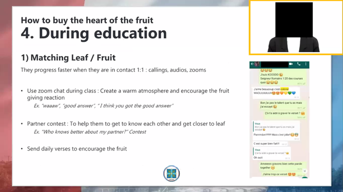Presentation slide titled "4. During education" with tips for connecting, such as matching a leaf or fruit and using contests. Includes a chat screenshot.