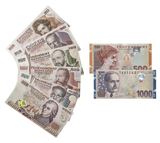Verschiedene österreichische Schilling-Banknoten, darunter 20, 50, 100, 500, 1000, 5000 Schilling, mit Porträts historischer Persönlichkeiten.