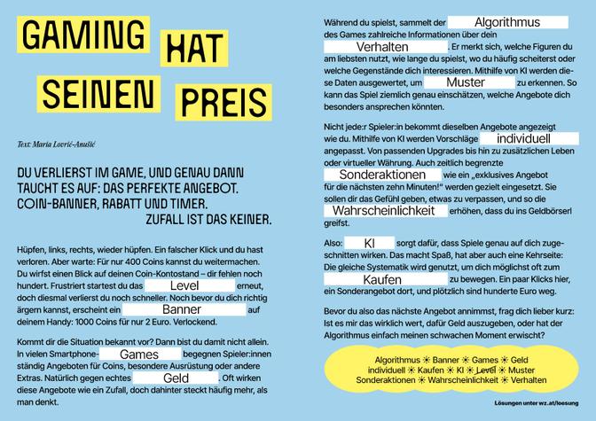 Seite 72-73 Lückenfülltext "Gaming hat seinen Preis" (Wiener Zeitung, WZ Rätselheft Sommer 2026)