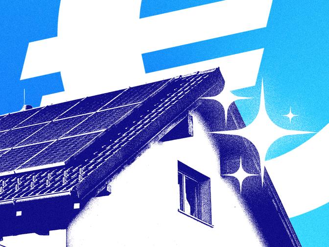 Ein Haus mit Solarpanels auf dem Dach vor einem strahlend blauen Hintergrund mit weißen geometrischen Formen und Sternen.