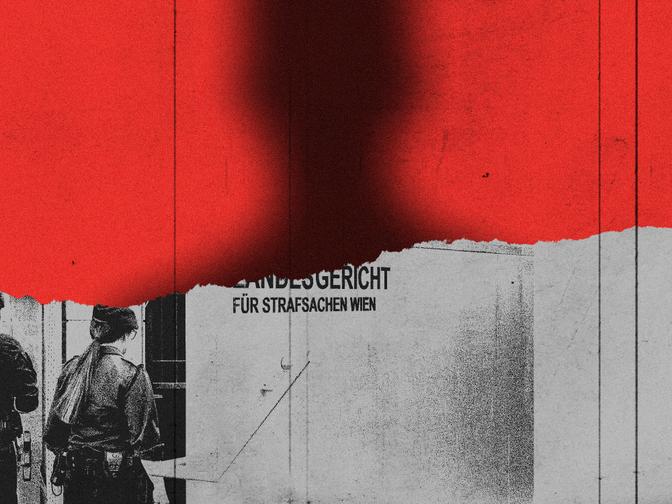 Gerissene Papiertextur über einem Foto mit Text "Landesgericht für Strafsachen Wien". Oben starke rote Fläche.