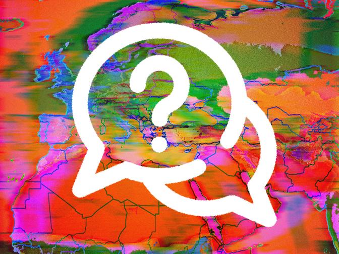 Im Hintergrund ist eine Europakarte zu sehen, im Vordergrund befindet sich eine Frage-Bubble.