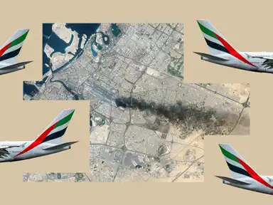 Collage mit vier Flugzeugen, die eine Luftaufnahme der Stadt umgeben, auf der eine Rauchwolke zu sehen ist, vor einem beigen Hintergrund.