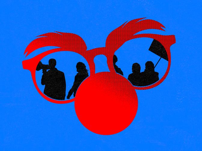 Illustration einer Clownsnase und Brille mit Schatten und Umrissen von Demonstrantinnen und Demonstranten