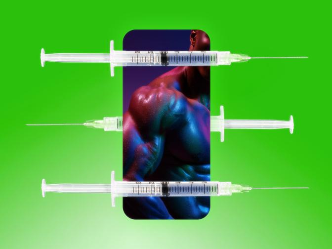 Illustration von einem Bodybuilder mit Spritzen im Vordergrund