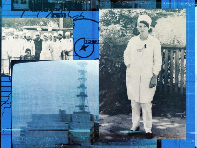 Collage aus Bildern aus Tschernobyl und ein Portrait von Natalija Tereshchenko