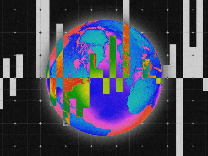 Farbenfrohe, abstrakte Erde vor einem Gitterhintergrund mit vertikalen Balken, die Datenvisualisierung oder globale Analyse darstellen.