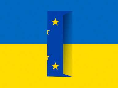 Eine Illustration mit einer EU-Tür vor einer Ukraine Flagge.