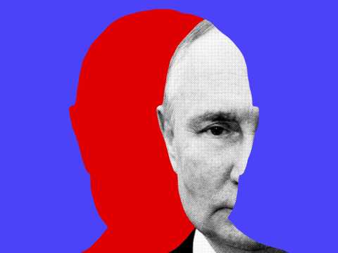Ein stilisiertes Foto von Wladimir Putin in den Farben der russischen Flagge.