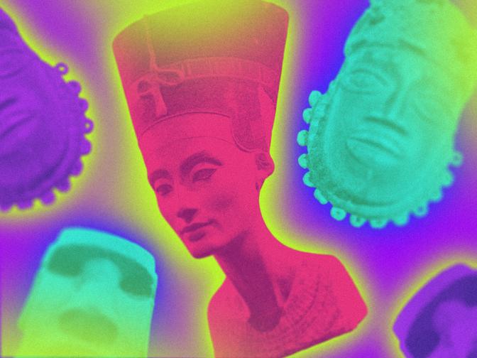 Büste in leuchtenden Neonfarben vor einem psychedelischen Hintergrund.