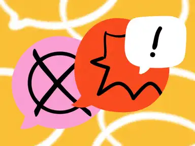 Bunte Sprechblasen auf gelbem Hintergrund, mit einem schwarzen X und einer geschwungenen Linie mit einem Ausrufezeichen.