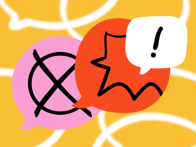 Bunte Sprechblasen auf gelbem Hintergrund, mit einem schwarzen X und einer geschwungenen Linie mit einem Ausrufezeichen.