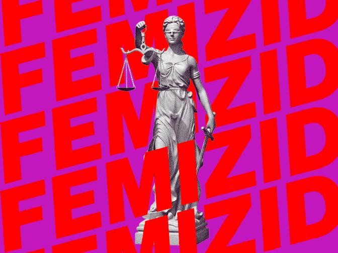 Graue Justitia-Statue mit verbundenen Augen, die eine Waage und ein Schwert über dem diagonalen roten Schriftzug „FEMIZID” auf leuchtend violettem Hintergrund hält.