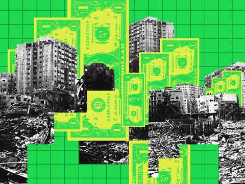 Eine Collage aus den Überresten von Gaza und Geldscheinen.
