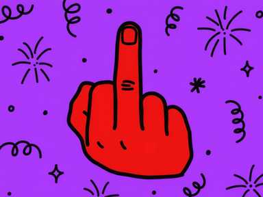 Rote Hand, die den Mittelfinger zeigt, auf violettem Hintergrund mit Kritzeleien von Sternen und Feuerwerk.