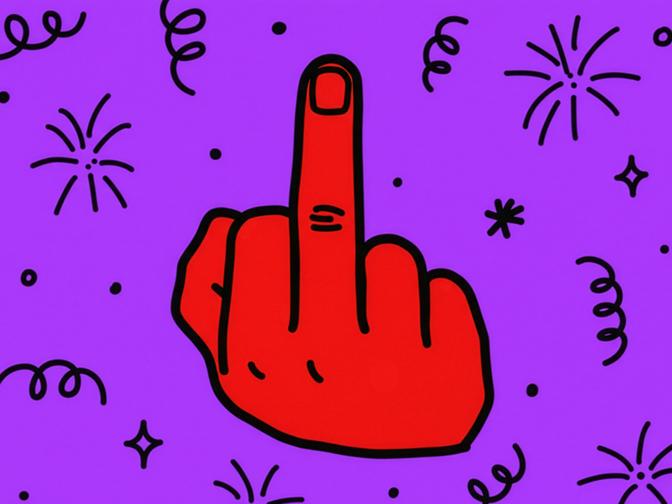 Rote Hand, die den Mittelfinger zeigt, auf violettem Hintergrund mit Kritzeleien von Sternen und Feuerwerk.