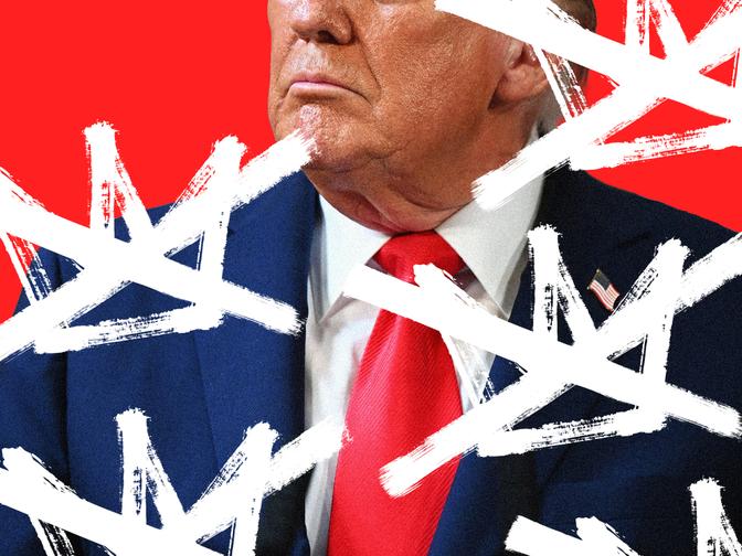 Close Up Foto von Donald Trump mit illustrierten, durchgestrichenen Kronen im Vordergrund