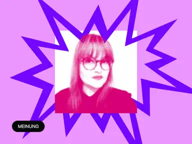 Ein Foto von Beatrice Frasl, eingefasst in einen lila Zickzackrahmen.