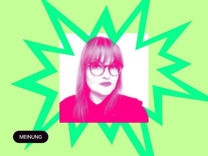 Ein Foto von Beatrice Frasl, eingefasst in einem Zickzackrahmen.