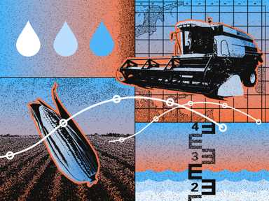 Abstrakte Illustration zum Thema Klima: eine Erntemaschine, Mais, Wassertropfen sowie Diagramme, die Felddaten und Wasserstände darstellen, in Blau- und Orangetönen.