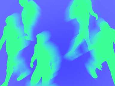 Silhouetten von Menschen in Bewegung, dargestellt in Grün vor einem blauen Hintergrund, wodurch ein dynamischer und abstrakter visueller Effekt entsteht.