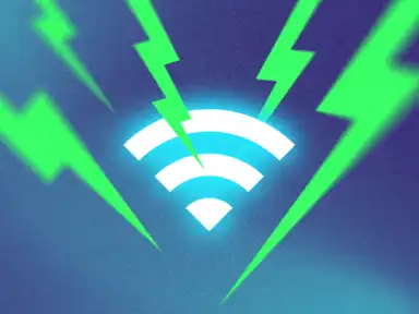Helles WLAN-Symbol mit grünen Blitzen, die vor einem blauen Hintergrund nach außen strahlen und eine starke und schnelle Internetverbindung symbolisieren.