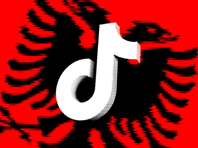 Albanische Flagge mit TikTok Logo im Vordergrund