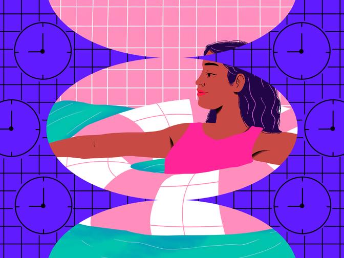 Illustration von einer jungen Frau im Schwimmreifen im Pool. Im Hintergrund sind viele Uhren sichtbar