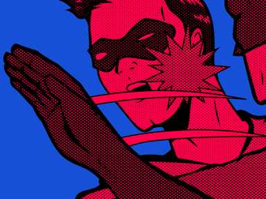 Comicartige Pop-Art-Darstellung eines maskierten Superhelden mit rosa und schwarzen Halbtönen, der vor einem blauen Hintergrund eine dramatische Pose einnimmt.