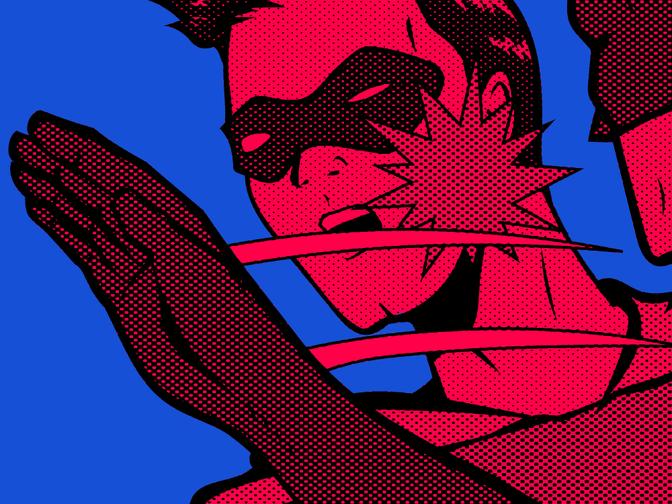 Comicartige Pop-Art-Darstellung eines maskierten Superhelden mit rosa und schwarzen Halbtönen, der vor einem blauen Hintergrund eine dramatische Pose einnimmt.