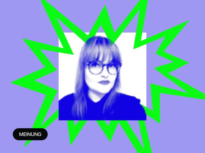 Ein Foto von Beatrice Frasl, eingefasst in einen blauen Zickzackrahmen.