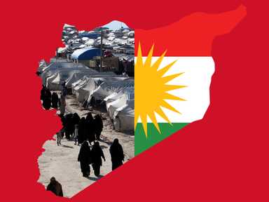 Eine Collage aus Fotos aus der kurdisch kontrollierten Provinz Hasaka, mit einem Frauenlager der kurdischen Flagge.
