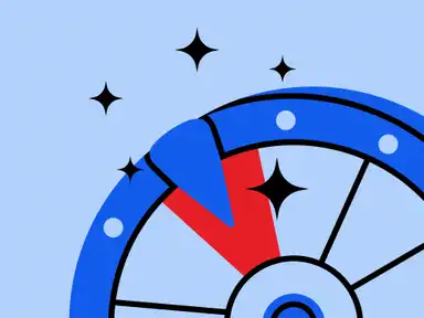 Farbenfrohes, abstraktes Roulette-Rad mit blauen und roten Feldern, gepunkteten Segmenten und schwarzen Sternen auf hellblauem Hintergrund.