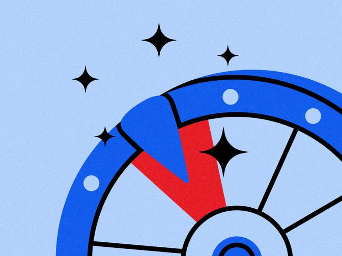 Farbenfrohes, abstraktes Roulette-Rad mit blauen und roten Feldern, gepunkteten Segmenten und schwarzen Sternen auf hellblauem Hintergrund.