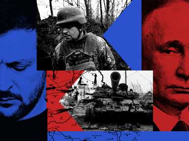 Eine Collage aus einem Soldat, ein Panzer, Präsident Putin und Präsident Selensky