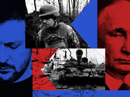Eine Collage aus einem Soldat, ein Panzer, Präsident Putin und Präsident Selensky