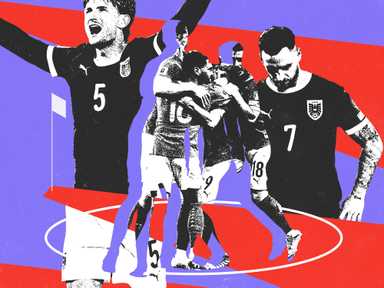 Collage von jubelnden Fußballspielern vor einem lebhaften grafischen Hintergrund mit roten, blauen und violetten Elementen.