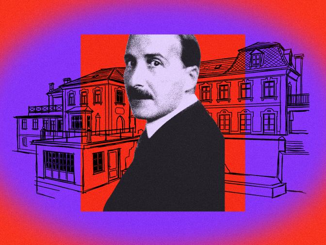 Collage von Stefan Zweig vor skizzenhaft gezeichneter Villa auf rotem und violettem Hintergrund.