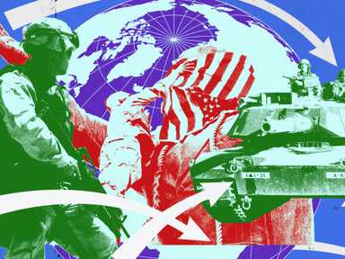 Collage mit Soldaten, einem Panzer und abstrakten Figuren vor dem Hintergrund einer Weltkarte mit Pfeilen, die globale militärische Themen hervorhebt.