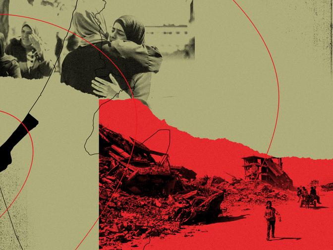 Eine abstrakte Collage aus sich umarmenden Menschen, Trümmern und Umrissen vor einem zweifarbigen Hintergrund mit roten Überlagerungen, die Themen wie Konflikt und Widerstandsfähigkeit vermittelt.