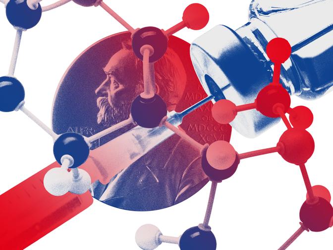 Eine Collage zum Thema Wissenschaft, mit einem Bild einer Impfung, Alfred Nobel und einer Illustration von Molekülen.