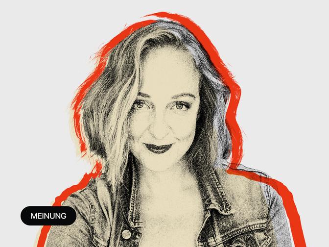 Porträt von Nunu Kaller in Schwarz-Weiß mit rotem Rahmen und Jeansjacke. Text "MEINUNG" unten links.