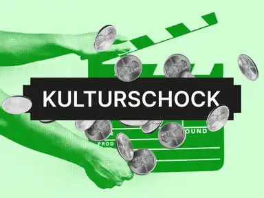 Ein grünes Filmklappe-Bild mit fallenden Münzen und dem Text "KULTURSCHOCK" in der Mitte.