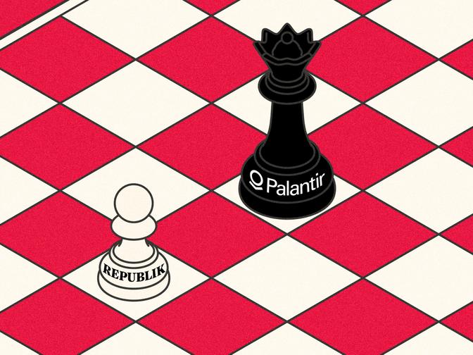 Schachbrett mit einer schwarzen Königin mit der Aufschrift „Palantir“ gegenüber einem weißen Bauern mit der Aufschrift „Republik“ auf roten und weißen Feldern.