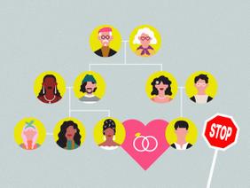 Illustration eines Stammbaums mit einem Herz und Ringen zwischen einer Cousine und einem Cousin und einem Stoppschild auf grauem Hintergrund.