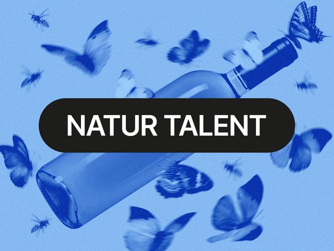 Eine blaue Flasche umgeben von fliegenden Schmetterlingen und Insekten mit der Aufschrift "NATUR TALENT".
