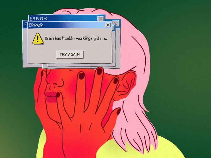 Illustration einer Person mit pinkfarbenen Haaren hält sich das Gesicht, überlagert von Fehlermeldungen mit dem Text: „Das Gehirn hat derzeit Probleme, richtig zu funktionieren. Versuchen Sie es erneut.“