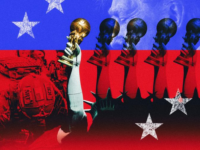 Eine Collage mit dem Arm der Freiheitsstatue, der eine Trophäe hält, Sternen und wiederholten Trophäenbildern auf rotem und blauem Hintergrund.